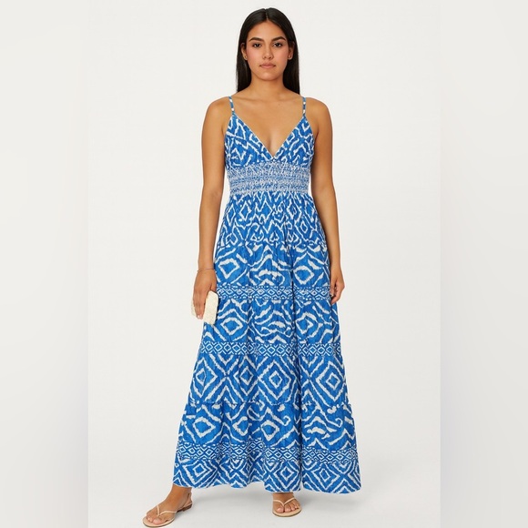 NWT Caroline Constas Blue and White Geometric Ikat Maxi Dress in size Large - Picture 1 of 10